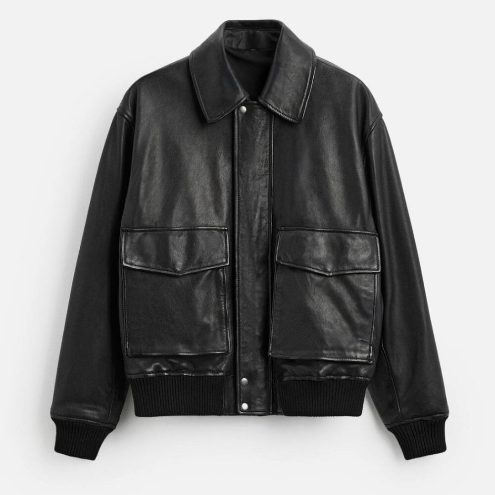 Zara Black Leather Bomber Jacket